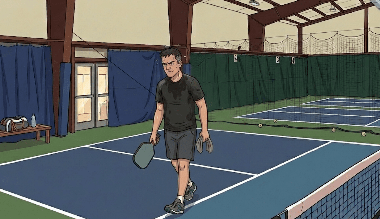 A frustrated pickleball player walking off the court